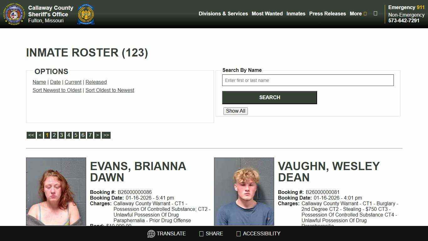 Inmate Roster - Current Inmates Booking Date Descending - Callaway County Sheriff's Office, Missouri